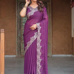 Ambuja International Floral Embroidered Pure Georgette Saree-image-3