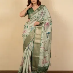 MIRCHI FASHION Light Olive Green Cotton Silk Floral Saree with Blouse Piece-image-0