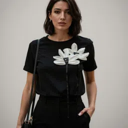 HERE&NOW Women Black Round Neck Cotton Short Sleeves Tops-picture-32