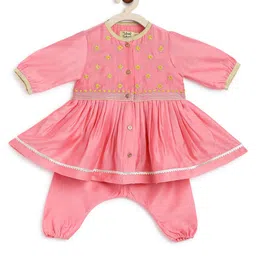 Tiber Taber Full Sleeves Yoke Embroidered Frill Kurta With Footed Pyjama - Pink-image-20