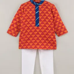Exclusive From Jaipur Cotton Woven Full Sleeves Kurta & Pyjama Triangle Print - Red Orange-picture-24