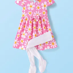 Babyhug Single Jersey Knit Half Cap Sleeves Floral Printed Frock with Leggings & Bow Applique - Pink-picture-30