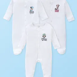 Babyhug Disney Cotton Knit Full Sleeves Footed Sleep Suits with Minnie Mouse Graphics Pack of 3 - White-picture-17