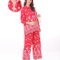 Bella Mama Three Fourth Sleeves Floral Printed Co-Ord Maternity Suit with Pocket - Dark Pink-image-26