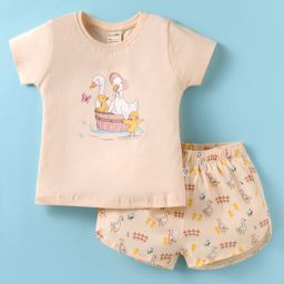 CUCUMBER Sinker Knit Half Sleeves Night Suit with Bird Print - Beige-picture-46