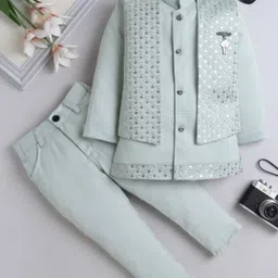 Fourfolds Swirl Embroidered & Sequins Embellished Kurta & Trousers With Full Sleeves Jacket - Green-picture-11