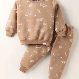 Teddy Knit Full Sleeves Co-ords Fleece Winter Night Suit with Skate Print - Brown-picture-12