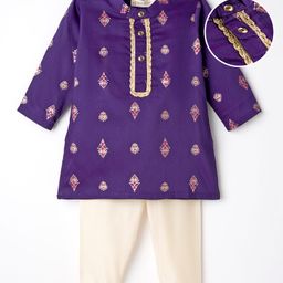 EARTHY TOUCH Woven Full Sleeves Kurta Pajama Set With Floral Print - Purple-picture-2