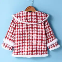 Kookie Kids Full Sleeves Checkered Fur Winter Jacket With Knot Detailing - Red & White image 2