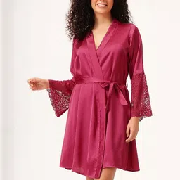 Clovia Women Satin Lace Back Flared Sleeves with Tie-Up Belt Robe-picture-21