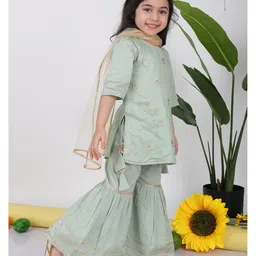 Kinder Kids Cotton Three Fourth Sleeves Floral Sequin Embellished & Embroidered Kurta With Sharara & Dupatta - Green image 4