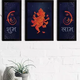 eCraftIndia Set of 3 Navy Blue & Orange Lord Ganesha Satin Matt Textured UV Wall Arts image 1