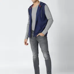 Peter England Navy Blue  Regular Fit Self Pattern Hooded Sweatshirt image 5