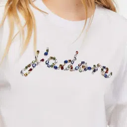 Forever 21 White Cotton Embellished T-Shirt image 5
