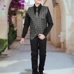 Pro-Ethic Style Developer Kids Grey & Black Checks Full Sleeves Shirt, Waistcoat, Pants with Tie image 5