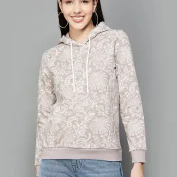 Colour Me by Melange Beige Cotton Floral Print Hoodie-picture-11