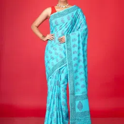 Unnati Silks Blue Cotton Printed Saree With Unstitched Blouse-picture-12