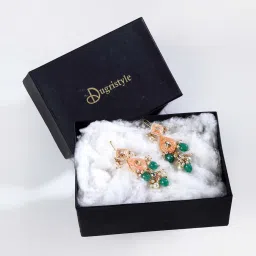Dugran By Dugristyle Peach & Green Dangler Earrings with Kundan & Pearls for Women image 5