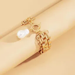 OOMPH Golden Tone White Mother of Pearl Charms Broad Link Chain Fashion Bracelet for Women image 5