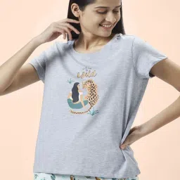 Dreamz by Pantaloons Grey Blue Cotton Printed T-Shirt Pyjama Set image 5