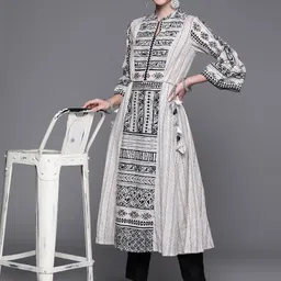 Biba Women Beige & Black Pure Cotton Geometric Printed Bell Sleeves Kurta image 5