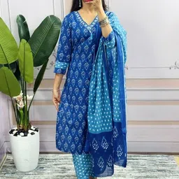 SRF JAIPUR Women Ethnic Motifs Printed Regular Thread Work Pure Cotton Kurta with Trousers & With Dupatta image 4