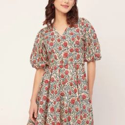 Moomaya Red & Blue Cotton Floral Print A Line Dress-picture-45