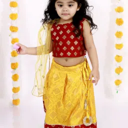 Little Bansi Kids Yellow & Red Embellished Kurta Lehenga Set image 1