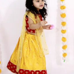 Little Bansi Kids Yellow & Red Embellished Kurta Lehenga Set image 3