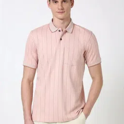 Peter England Peach Regular Fit Striped Polo T-Shirt-image-0
