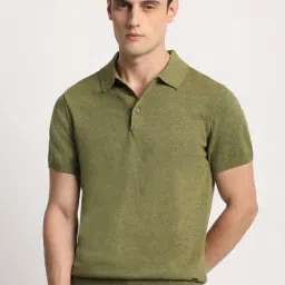 The Bear House Olive Cotton Regular Fit Self Pattern Polo T-Shirt-picture-23