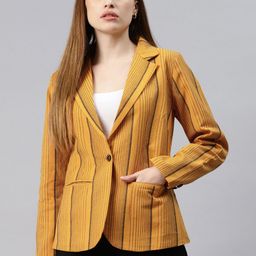 Cottinfab Women Mustard Striped Single-Breasted Formal Blazer-picture-2
