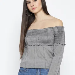 Style Quotient Women Grey Striped Detail Bardot Top-image-26