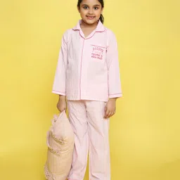 Knitting Doodles Pure Cotton Yarn Dyed Placement Text Embroidered & Pencil Striped Night Suit - White And Pink-image-19