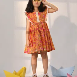 Vastramay Sleeveless Floral  Printed Flared Cotton Dress - Mustard image 1