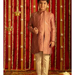 vastramay Vastaramay Solid Kurta & Pyjama With Full Sleeves Mirror Work Detailed Sherwani Set - Pink-picture-10