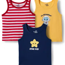 Doodle Poodle 100% Cotton Sleeveless Vests With Space Theme Print & Stripes Pack Of 3 - Yellow Navy Blue & White-picture-15
