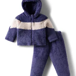 Babyhug Fur Woven Full Sleeves Color Block Hooded Winter Wear Suit Set - White & Navy Blue-picture-14