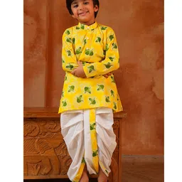 AJ Dezines Cotton Woven Full Sleeves Floral Motifs Printed Kurta Dhoti Set - Yellow-picture-17