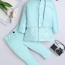 Fourfolds Woven Full Sleeves Sequin Embellished & Floral Embroidered Sherwani & Trouser Set With Jacket - Light Blue-picture-28