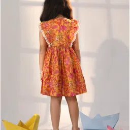 Vastramay Sleeveless Floral  Printed Flared Cotton Dress - Mustard image 3