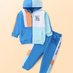 Babyhug Cotton Knit Full Sleeves Hooded Front Zipper Color Block T-Shirt & Lounge Pants Set - Blue image 2