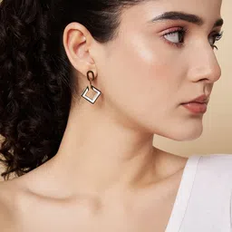 JEWELSCAPE Stainless Steel Gold-Plated Crystals Studded Geometric Shaped Drop Earrings-image-0