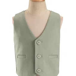 Babyhug Woven Full Sleeves Stretch Fit Party Suit With Waist Coat & Bow - Green & White image 3