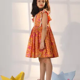 Vastramay Sleeveless Floral  Printed Flared Cotton Dress - Mustard image 4