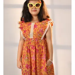 Vastramay Sleeveless Floral  Printed Flared Cotton Dress - Mustard image 5