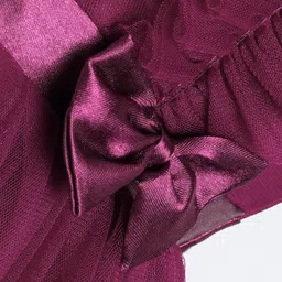 Babyhug Sleeveless Mesh Party Frock with Frill Detailing & Bow Applique -Aubergine image 5