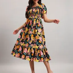 Femvy Floral Print Puff Sleeve Crepe Fit & Flare Midi Dress-picture-13