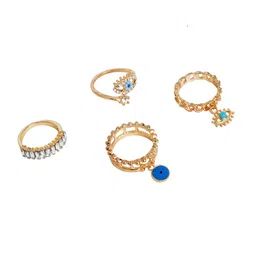 JOKER & WITCH Set Of 4 Gold-Plated Blue & White Stone-Studded Evil Eye Finger Rings image 2