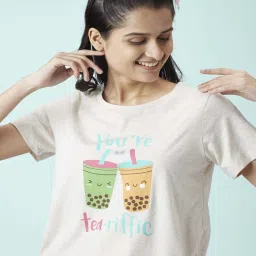 Dreamz by Pantaloons Off-White Pink Cotton Printed Top Pyjama Set image 5